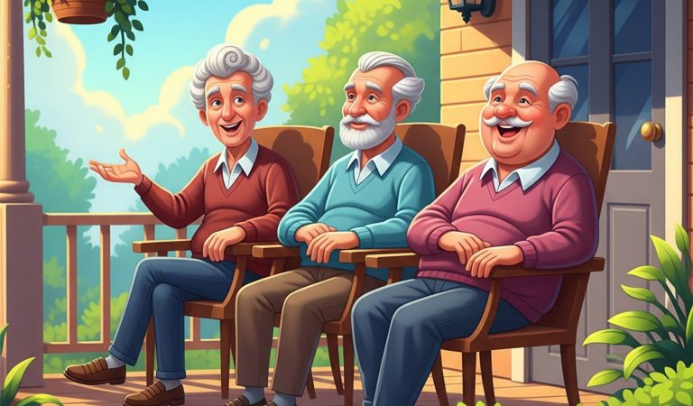 Three old men are sitting on the porch